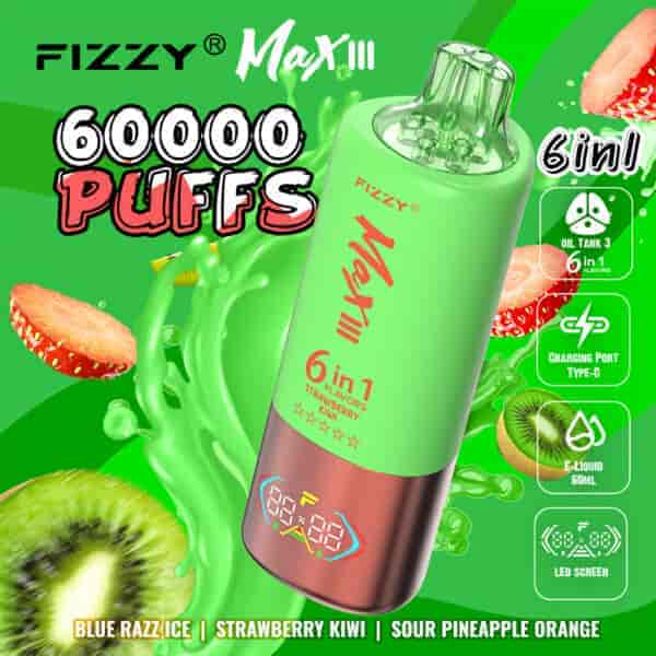 Publicité pour l'appareil de vape Fizzy Max III présentant un produit vert et rouge, mettant en évidence " 60 000 bouffées ", des saveurs 6 en 1 et des images de fraise, de kiwi et des éclaboussures de liquide vert, avec des icônes pour le réservoir d'huile, le port de charge, la capacité d'e-liquide et l'écran LED.