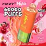 Image promotionnelle du vape Fizzy Max III comprenant un grand appareil orange et vert, des points forts de 60 000 bouffées, un écran LED, une charge de type C, des saveurs 6 en 1 et des images de boissons aux fruits, notamment myrtille, cerise et framboise-citron.