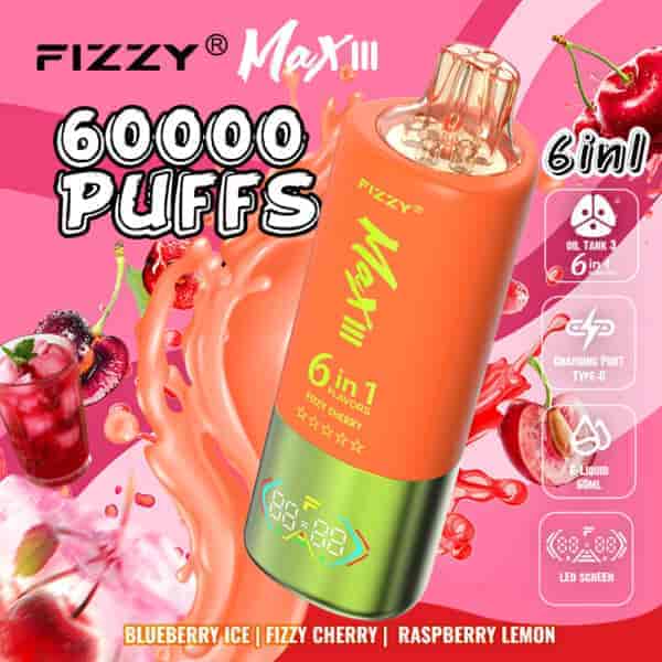 Image promotionnelle du vape Fizzy Max III comprenant un grand appareil orange et vert, des points forts de 60 000 bouffées, un écran LED, une charge de type C, des saveurs 6 en 1 et des images de boissons aux fruits, notamment myrtille, cerise et framboise-citron.