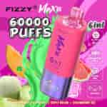 Publicité colorée pour la vape électronique Fizzy Max III, mettant en vedette un grand appareil jetable rose et violet entouré d'images de melon et de fraise, mettant en évidence des caractéristiques telles que 60 000 bouffées, des saveurs 6 en 1, un écran LED, un chargement USB Type-C, une capacité d'e-liquide de 60 ml et des options de saveurs : myrtille framboise, triple melon et glace à la fraise.
