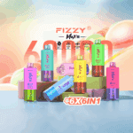Une gamme colorée d'appareils de vapotage jetables Fizzy Max III 6-en-1 présentés sur des plates-formes avec un fond abstrait pastel, avec diverses couleurs vives et un grand texte mettant en évidence ' 6000 ' et ' 6X6IN1 '.