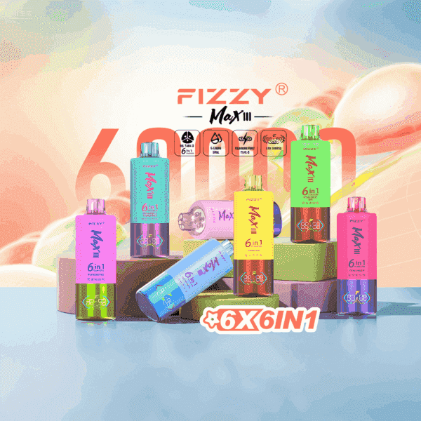 Une gamme colorée d'appareils de vapotage jetables Fizzy Max III 6-en-1 présentés sur des plates-formes avec un fond abstrait pastel, avec diverses couleurs vives et un grand texte mettant en évidence ' 6000 ' et ' 6X6IN1 '.