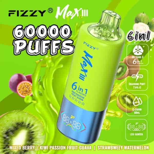 Image promotionnelle pour l'appareil de vape Fizzy Max III présentant un grand vape vert et bleu avec un texte mettant en évidence 60 000 bouffées, 6 saveurs en 1 (kiwi, fruit de la passion, goyave, mélange de baies, fraise, pastèque) et des fonctionnalités telles qu'un port de chargement de type C, une capacité d'e-liquide de 60 ml et un écran LED, sur un fond vibrant avec des images de fruits.