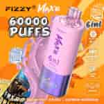 Image promotionnelle du vape jetable FIZZY Max III présentant un appareil rose et violet avec un texte mettant en évidence 60 000 bouffées, des saveurs 6 en 1 et des fonctionnalités comme un écran LED et un port de chargement de type C, sur un fond coloré avec des glaçons, des éclaboussures de liquide et des saveurs répertoriées, notamment fruit du dragon fraise, taureau rouge et pastèque framboise.