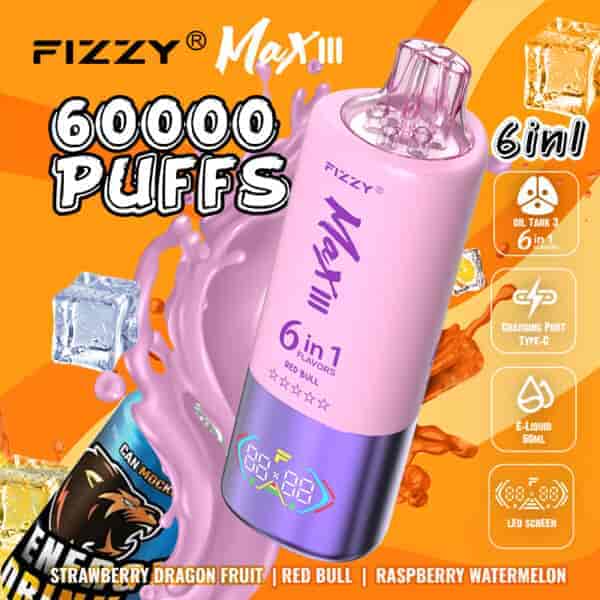 Image promotionnelle du vape jetable FIZZY Max III présentant un appareil rose et violet avec un texte mettant en évidence 60 000 bouffées, des saveurs 6 en 1 et des fonctionnalités comme un écran LED et un port de chargement de type C, sur un fond coloré avec des glaçons, des éclaboussures de liquide et des saveurs répertoriées, notamment fruit du dragon fraise, taureau rouge et pastèque framboise.