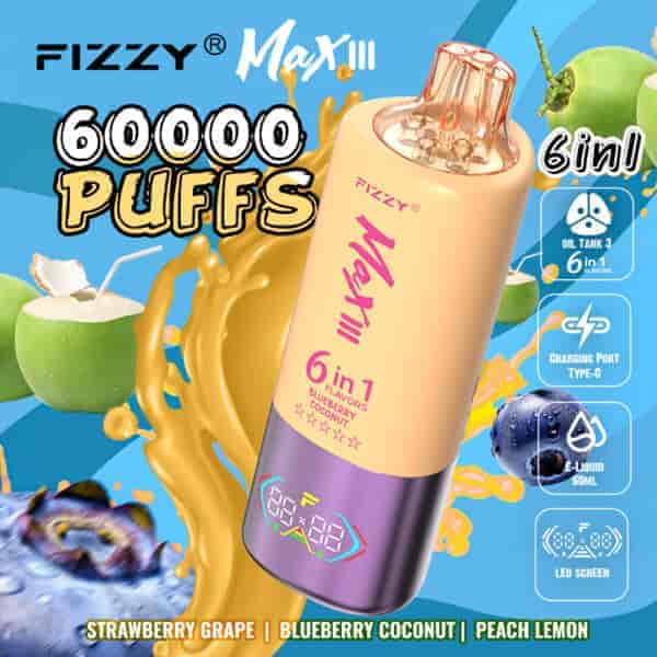 Image promotionnelle pour l'appareil de vape Fizzy Max III annonçant 60 000 bouffées, des saveurs 6 en 1, dont myrtille et noix de coco, et des fonctionnalités telles qu'un réservoir d'e-liquide de 60 ml, un chargement de type C et un écran LED, entouré de graphiques de fruits et d'éclaboussures de liquide.