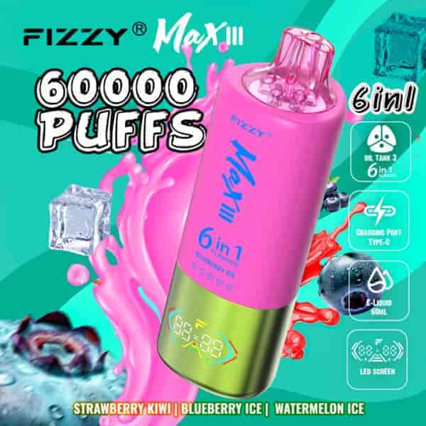 Publicité pour l'appareil de vape Fizzy Max III en rose et vert, mettant en évidence 60 000 bouffées, des saveurs 6 en 1, dont fraise kiwi, glace à la myrtille et glace à la pastèque, avec des icônes montrant le réservoir d'huile, la charge de type C, 60 ml d'e-liquide et les fonctionnalités de l'écran LED.