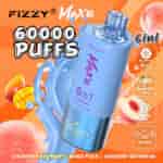 Image promotionnelle pour le vape Fizzy Max III avec 60 000 bouffées, montrant un appareil bleu entouré d'éclaboussures et d'illustrations de fruits, notamment de mangue, de pêche, de fraise et de pastèque, avec des icônes mettant en valeur les saveurs 6 en 1, le chargement de type C, 60 ml d'e-liquide et les fonctionnalités de l'écran LED.
