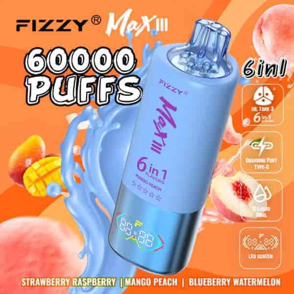 Image promotionnelle pour le vape Fizzy Max III avec 60 000 bouffées, montrant un appareil bleu entouré d'éclaboussures et d'illustrations de fruits, notamment de mangue, de pêche, de fraise et de pastèque, avec des icônes mettant en valeur les saveurs 6 en 1, le chargement de type C, 60 ml d'e-liquide et les fonctionnalités de l'écran LED.