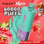 Publicité pour la vape Fizzy Max III comprenant un grand appareil turquoise et violet, mettant en valeur 60 000 bouffées, des saveurs 6 en 1, une capacité d'e-liquide de 60 ml, un port de charge Type-C, un écran LED et illustrée d'images de pastèque, vanille, fraises et cola.