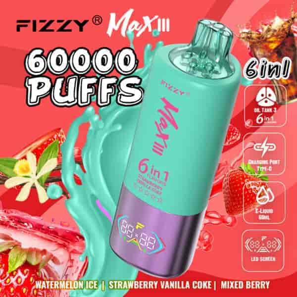 Publicité pour la vape Fizzy Max III comprenant un grand appareil turquoise et violet, mettant en valeur 60 000 bouffées, des saveurs 6 en 1, une capacité d'e-liquide de 60 ml, un port de charge Type-C, un écran LED et illustrée d'images de pastèque, vanille, fraises et cola.