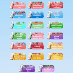 A graphic showing 18 colorful vape flavors, each with an image of a disposable vape and fruit or candy, including Watermelon Ice, Strawberry Watermelon, Cherry Pomegranate Cranberry, Blue Razz Ice, Blueberry Ice, Bubble Gum, Miami Mint, Strawberry Kiwi Ice, Kiwi Passion Fruit Guava, Double Apple, Watermelon Bubble Gum, Mixed Berry, Peach Ice, Cherry Watermelon, Mango Peach Watermelon, Passion Fruit Mango Ice, Red Bull, Double Mango, Grape Ice, and Blackberry Cranberry.