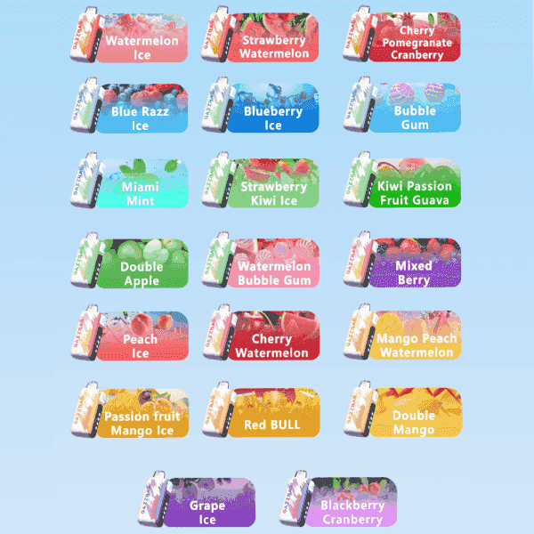 A graphic showing 18 colorful vape flavors, each with an image of a disposable vape and fruit or candy, including Watermelon Ice, Strawberry Watermelon, Cherry Pomegranate Cranberry, Blue Razz Ice, Blueberry Ice, Bubble Gum, Miami Mint, Strawberry Kiwi Ice, Kiwi Passion Fruit Guava, Double Apple, Watermelon Bubble Gum, Mixed Berry, Peach Ice, Cherry Watermelon, Mango Peach Watermelon, Passion Fruit Mango Ice, Red Bull, Double Mango, Grape Ice, and Blackberry Cranberry.