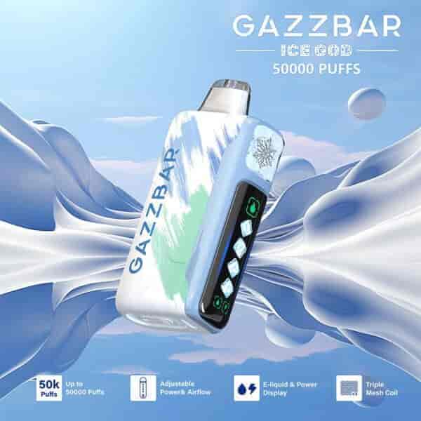 A blue and white vape device with a curved screen displaying icons, set against a snowy blue background and abstract swirls.