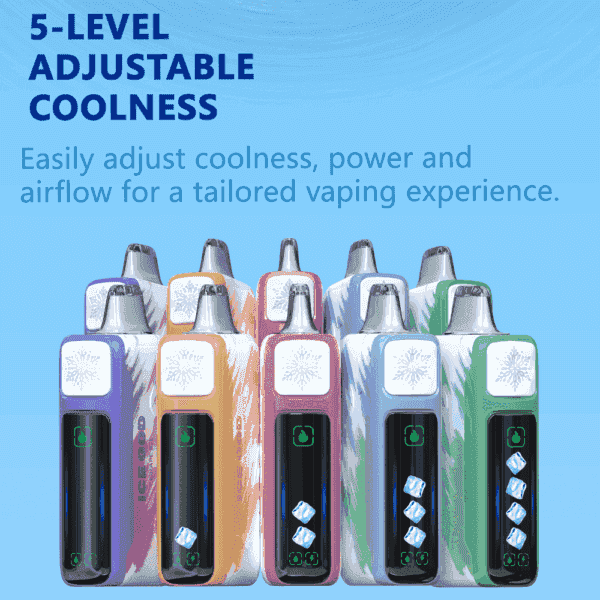 A group of colorful vaping devices with digital controls, displayed under text promoting 5-level adjustable coolness, power, and airflow for a personalized vaping experience.