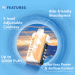 Promotional image for the Gazz Bar vape showcasing its features, including a bite-friendly mouthpiece, 5-level adjustable coolness, effortless power and airflow control, and up to 50,000 puffs, set against a swirling blue background and sunset scene.