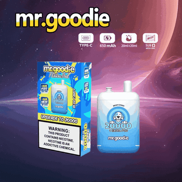 La confezione e il dispositivo per vaporizzatori usa e getta di Mr. Goodie Bear Candy si trovano su uno sfondo cosmico, evidenziando caratteristiche come una capacità di 20.000 boccate, doppi pod, bobina a rete ed etichetta di avvertenza sulla nicotina.