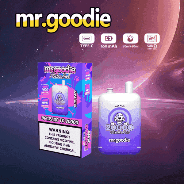 Dispositivo di vaporizzazione usa e getta Mr. Goodie Blue Razz e confezione caratterizzata da un design sfumato viola e bianco con specifiche del prodotto e un avviso di nicotina visualizzato, su uno sfondo futuristico dello spazio esterno.