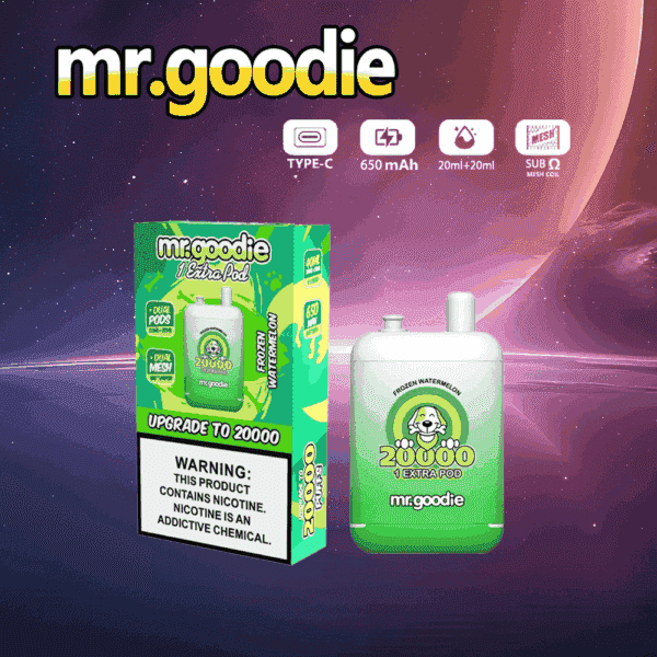 Pubblicità per il vaporizzatore mr.goodie con un dispositivo aromatizzato all'anguria ghiacciata verde e bianco e la relativa confezione, con specifiche del prodotto e un avviso di nicotina visualizzati su uno sfondo cosmico.