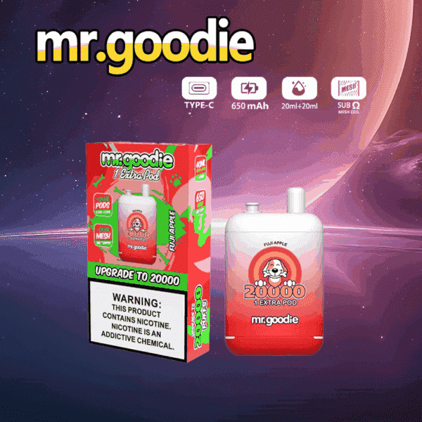 Mr. Goodie Fuji Prodotto da svapo Apple con confezione, che mostra caratteristiche del prodotto come batteria da 650 mAh, ricarica USB di tipo C, 20.000 boccate e avviso di nicotina su uno sfondo cosmico.