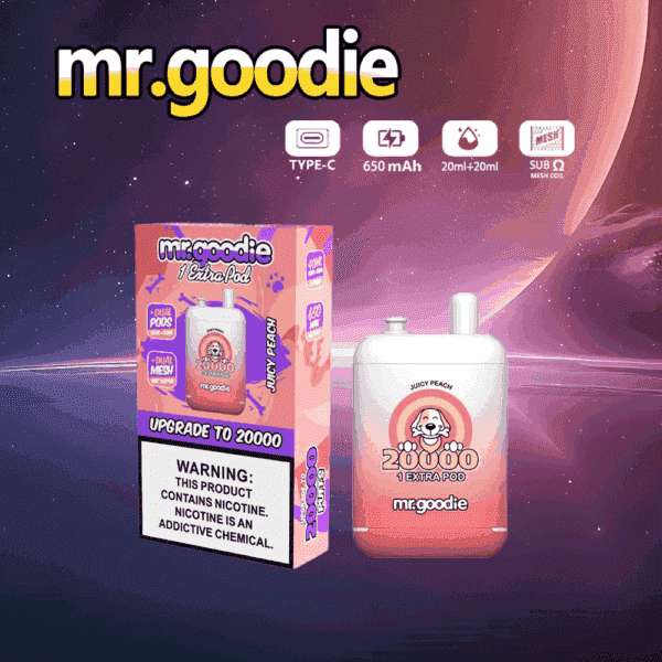Immagine promozionale per il vaporizzatore mr.goodie Juicy Peach che mostra il dispositivo, la confezione e i dettagli del prodotto, tra cui 20.000 boccate, batteria da 650 mAh, doppi pod e un avviso ben visibile sulla nicotina.
