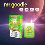 Confezione e dispositivo per il vaporizzatore usa e getta mr.goodie Lemon Rainbow con 20.000 boccate, mostrato su uno sfondo a tema spaziale, con specifiche del prodotto e un'etichetta di avvertenza sulla nicotina.