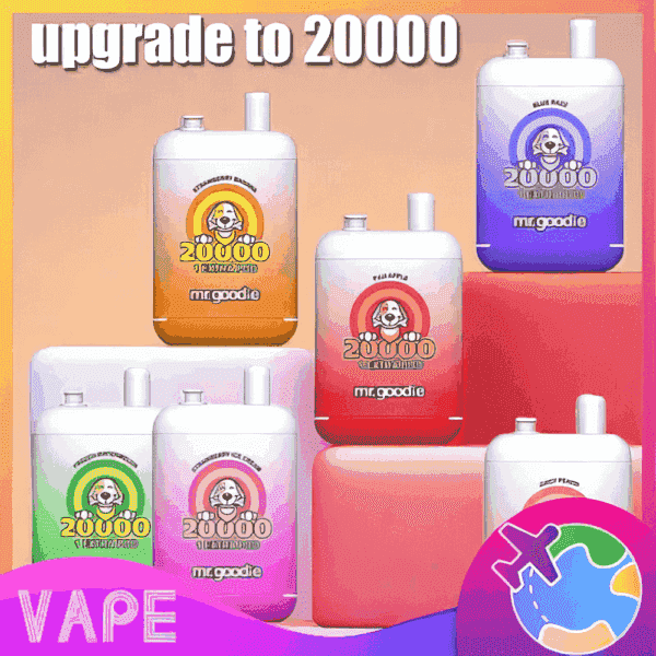 Esposizione di vari dispositivi colorati Mr. Goodie Vape etichettati con gusti diversi e il testo 'aggiorna a 20000' che evidenzia 20.000 sbuffi, su uno sfondo sfumato con un logo VAPE nell'angolo.