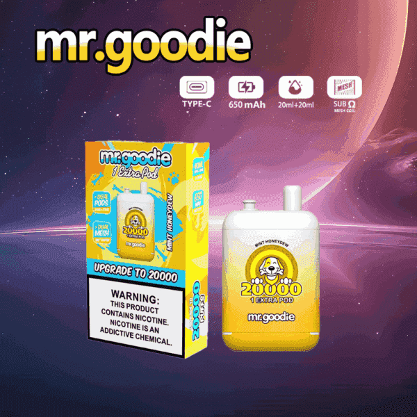 Immagine promozionale per il vaporizzatore Mr. Goodie 20.000 puff al sapore di melata di menta, che mostra il prodotto e la sua confezione su uno sfondo cosmico, evidenziando funzionalità come la ricarica di tipo C, la batteria da 650 mAh e i pod a doppia rete.