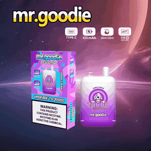 mr.goodie dispositivo di vaporizzazione usa e getta e confezione al gusto di uva viola su uno sfondo a tema spaziale, che evidenzia caratteristiche come ricarica di tipo C, batteria da 650 mAh, e-liquid da 20 ml + 20 ml e bobina a rete con un'etichetta di avvertenza sulla nicotina.
