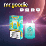 Prodotto da vaporizzare usa e getta Mr. Goodie al gusto Spear Mint, che mostra la confezione e il dispositivo con i dettagli del prodotto e un avvertimento sulla nicotina su uno sfondo a tema spaziale.