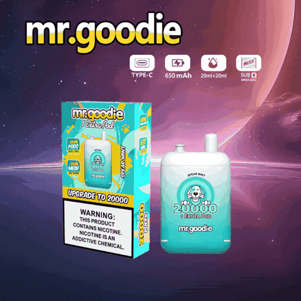 Prodotto da vaporizzare usa e getta Mr. Goodie al gusto Spear Mint, che mostra la confezione e il dispositivo con i dettagli del prodotto e un avvertimento sulla nicotina su uno sfondo a tema spaziale.
