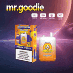 Immagine promozionale per il vaporizzatore mr.goodie Strawberry Banana, che presenta il prodotto e la confezione con dettagli come 20.000 boccate, batteria da 650 mAh ed etichetta di avvertenza sulla nicotina, su uno sfondo cosmico.