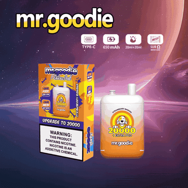 Immagine promozionale per il vaporizzatore mr.goodie Strawberry Banana, che presenta il prodotto e la confezione con dettagli come 20.000 boccate, batteria da 650 mAh ed etichetta di avvertenza sulla nicotina, su uno sfondo cosmico.