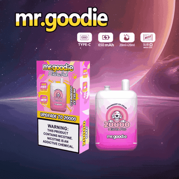 Confezione e dispositivo del prodotto Mr. Goodie Vape al gusto di gelato alla fragola, caratterizzato dai colori rosa e bianco, specifiche del prodotto, logo del marchio e un'etichetta di avvertenza sulla nicotina.