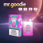 Confezione e dispositivo per vaporizzatore aromatizzato mr.goodie in rosa e bianco per il sapore di fragola e kiwi, che evidenzia caratteristiche come 20.000 boccate, doppi pod, bobina a rete e un avviso di nicotina, su uno sfondo cosmico.