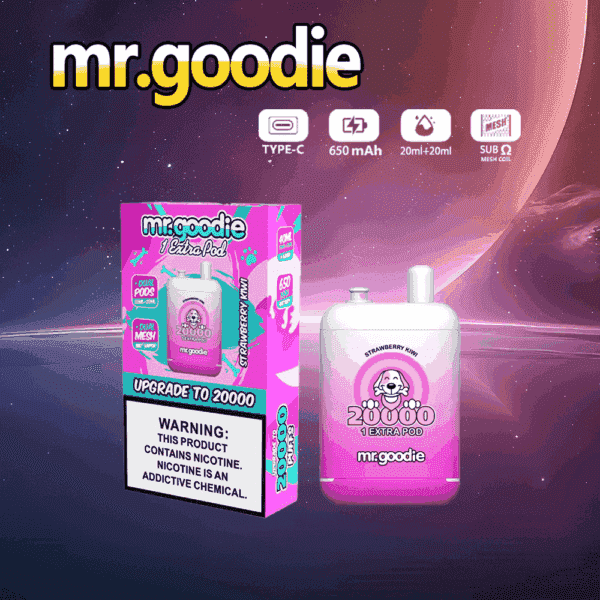 Confezione e dispositivo per vaporizzatore aromatizzato mr.goodie in rosa e bianco per il sapore di fragola e kiwi, che evidenzia caratteristiche come 20.000 boccate, doppi pod, bobina a rete e un avviso di nicotina, su uno sfondo cosmico.