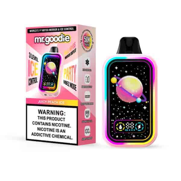 mr.goodie Juicy Peach Ice dispositivo di vaporizzazione usa e getta e confezione caratterizzato da un design colorato a tema spaziale con un pianeta e stelle, che evidenzia il controllo del ghiaccio a 3 livelli, la modalità atmosfera di festa e un avviso di nicotina.