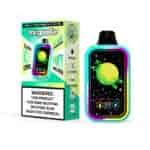 Confezione e dispositivo per vaporizzatori usa e getta Mr. Goodie con un'immagine colorata e illuminata di un pianeta verde e giallo con stelle, dettagli del prodotto che evidenziano il controllo del ghiaccio, modalità party e un'etichetta di avvertenza sulla nicotina.