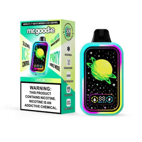 Confezione e dispositivo per vaporizzatori usa e getta Mr. Goodie con un'immagine colorata e illuminata di un pianeta verde e giallo con stelle, dettagli del prodotto che evidenziano il controllo del ghiaccio, modalità party e un'etichetta di avvertenza sulla nicotina.