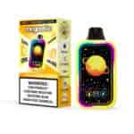 Confezione e dispositivo per vaporizzatore usa e getta Mr. Goodie con design colorato dello spazio planetario, etichetta con sapore di ghiaccio all'ananas e mango e avvertenza sulla nicotina.