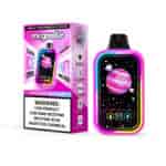 Dispositivo e confezione per vaporizzatore mr.goodie al gusto Milkshake alla fragola, caratterizzato da un design rosa, nero e neon con un display a tema spaziale che mostra un pianeta rosa e stelle. La scatola; visualizza un avviso di nicotina ed evidenzia le caratteristiche del prodotto come il controllo del ghiaccio a 3 livelli e la modalità party.