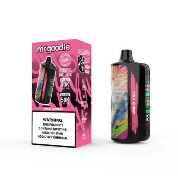 Mr. Goodie Cola Gummy vape device and its pink retail packaging, featuring product information, colorful abstract graphics, and a nicotine warning label.