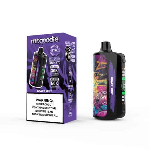 Mr. Goodie Grape Mint disposable vape device and its packaging, featuring bold purple and graffiti-style graphics with product information, flavor name, and a nicotine warning label.