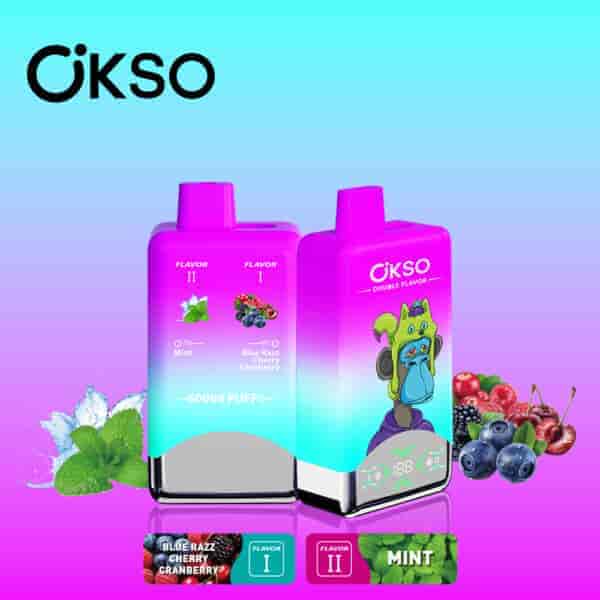 Two colorful OKSO vape devices featuring double flavors, mint and blue razz cherry cranberry, with illustrated fruit, mint leaves, and a cartoon character on the packaging, set against a blue-to-purple gradient background.