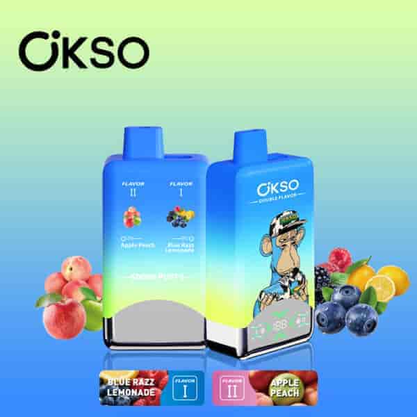 Two OKSO double flavor vape devices in blue gradient packaging, labeled with apple peach and blue razz lemonade flavors, surrounded by images of corresponding fruits and featuring a cartoon monkey illustration on one device.