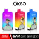 Three colorful OKSO disposable vape devices featuring cartoon monkeys in distinct outfits, with branding and specifications like 60,000 puffs, 2x25ml oil tank, 650mAh battery, and 50ml e-liquid displayed below.