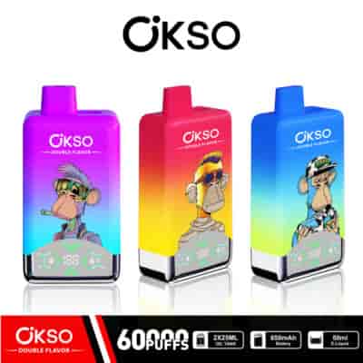 Tre färgglada OKSO vape-enheter för engångsbruk med tecknade apor i distinkta kläder, med varumärke och specifikationer som 60 000 puffar, 2x25 ml oljetank, 650 mAh batteri och 50 ml e-vätska som visas nedan.