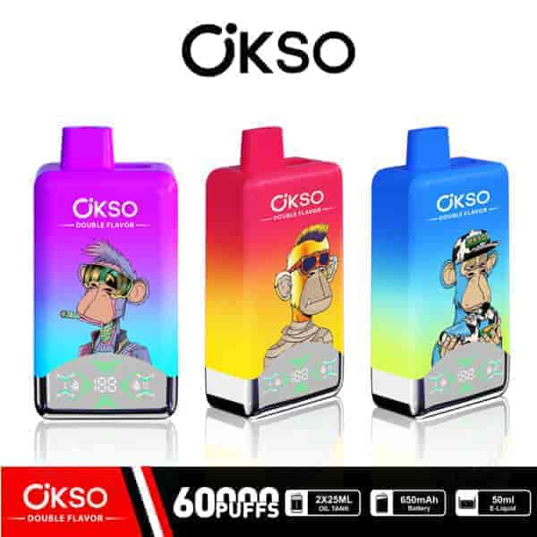 Three colorful OKSO disposable vape devices featuring cartoon monkeys in distinct outfits, with branding and specifications like 60,000 puffs, 2x25ml oil tank, 650mAh battery, and 50ml e-liquid displayed below.