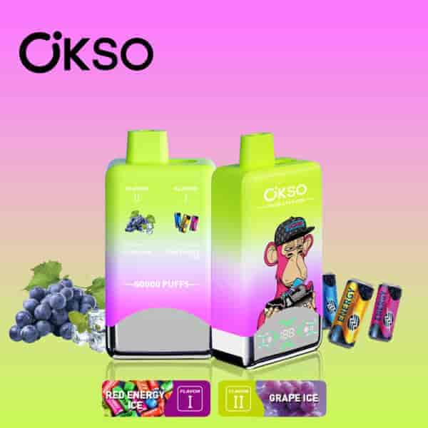 Two OKSO double flavor disposable vape devices with green and pink gradient design, featuring red energy ice and grape ice flavors, an illustrated monkey with a hat, and energy drink and grape images on a gradient background.