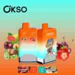 OksO double flavor vape devices with an orange and blue gradient design, featuring illustrations of a cartoon character and images of featured flavors: kiwi, passion fruit, guava, strawberry, and cherry.